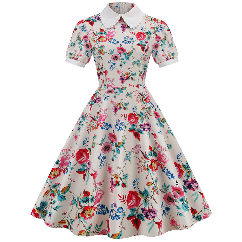Women Vintage Summer Floral Printed Short-Sleeved Doll Collar Casual Large Swing Dress