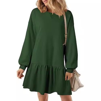 Women Casual Solid Color Round Neck Long Sleeve Dress