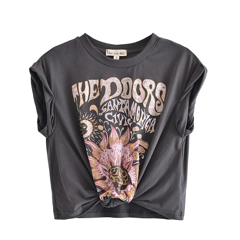 Camiseta corta con estampado floral y cuello redondo holgada informal de moda de verano para mujer