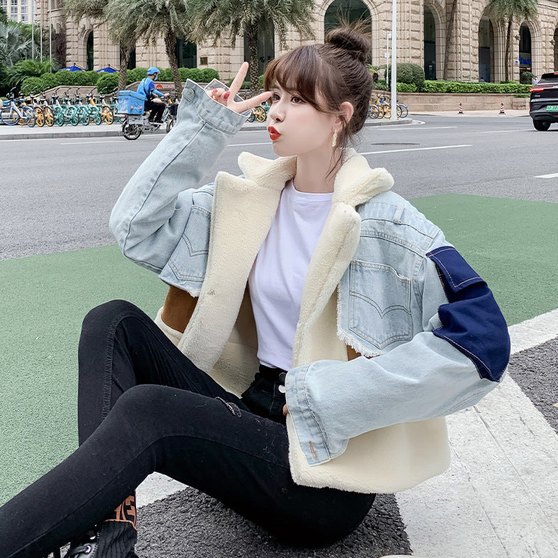 Chaqueta vaquera informal holgada de manga larga y felpa corta para mujer