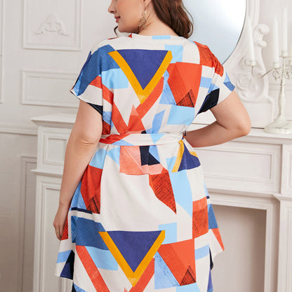 Plus Size Women High Waist Summer Color Blocking Geometry Print Short Sleeve Casual Dress