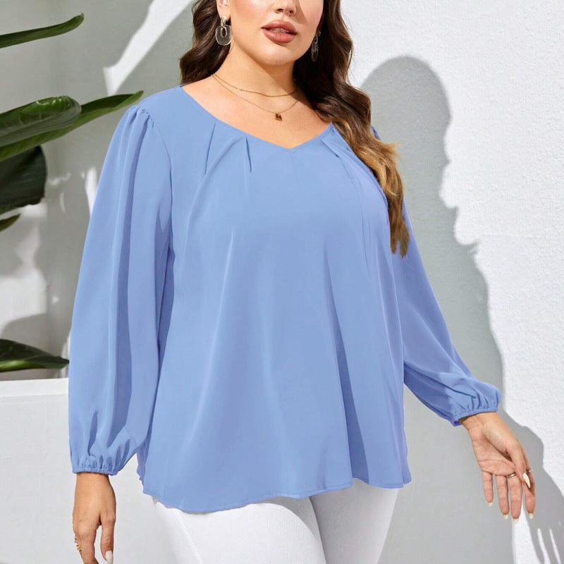 Women Fashion Solid Color Plus Size V-Neck Loose Casual Top