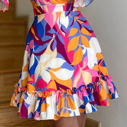 Women Fashion Office Chic Eleganr V Neck Leaf Print Ruffled Short Sleeve Casual Dress