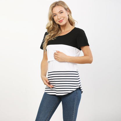 Camiseta de lactancia de manga corta con cuello redondo y costuras a rayas para embarazadas de verano