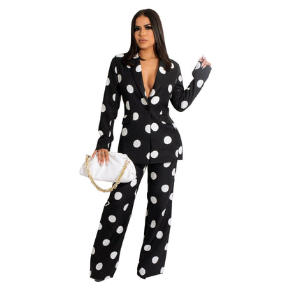 Conjunto de dos piezas de blazer y pantalón con estampado de lunares para mujer