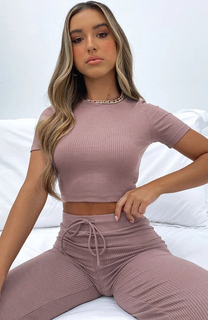 Conjunto de dos piezas para mujer, informal, de color sólido, elástico, ajustado, de manga corta y pierna ancha