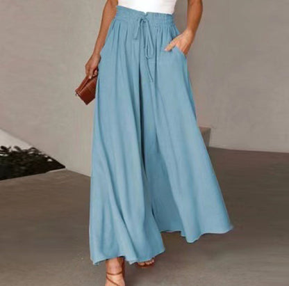Women Solid Color Loose Casual Elastic Wasit Wide-Leg Pants