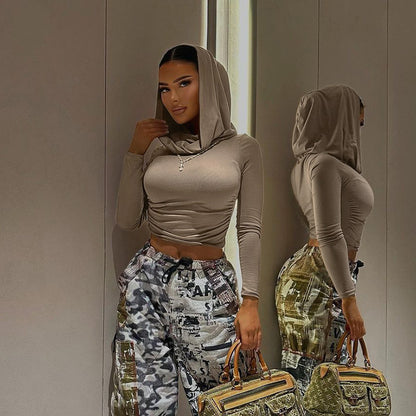 Women Fashion Casual Solid Color Hooded Long Sleeve Crop Top