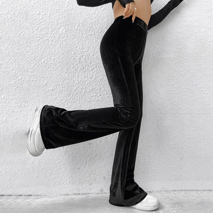 Women Fashion Solid Color High Waist Velvet Casual Trousers