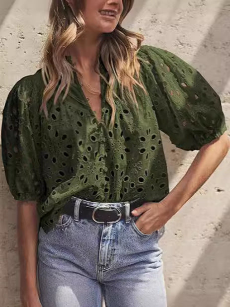 Blusa informal de verano con mangas abullonadas y cuello en V para mujer, con encaje calado y bordado