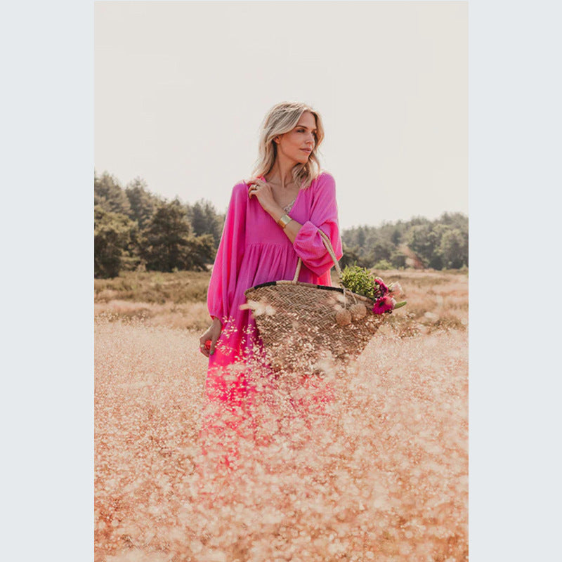 Bohemian Women Casual Solid Color Loose Long Sleeve Maxi Dress