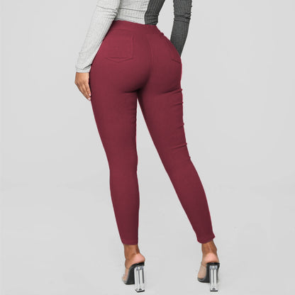 Casual Women Plus Size Basic Solid Color High Waist Pocket Skinny Pants