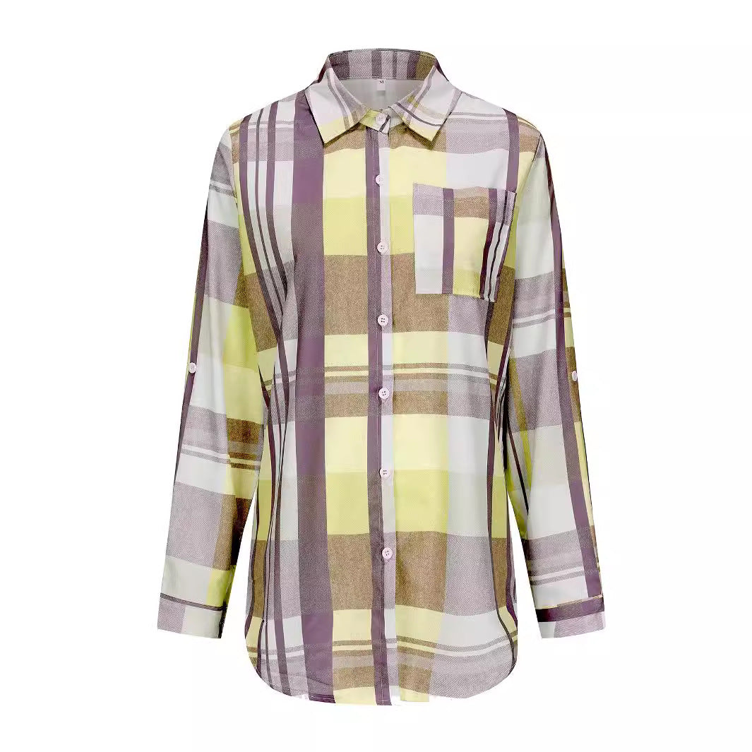 Blusa informal vintage de manga larga a cuadros con solapa y botonadura sencilla para mujer