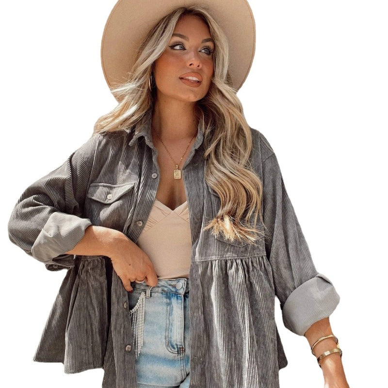 Women Casual Basic Solid Color Long Sleeve Lapel Single-breasted Pocket Design Corduroy Shacket