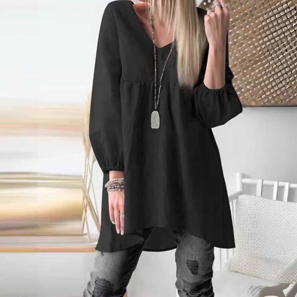 Camisa informal de color liso con cuello en V y mangas abullonadas para mujer