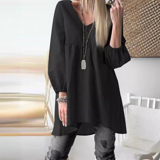 Camisa informal de color liso con cuello en V y mangas abullonadas para mujer