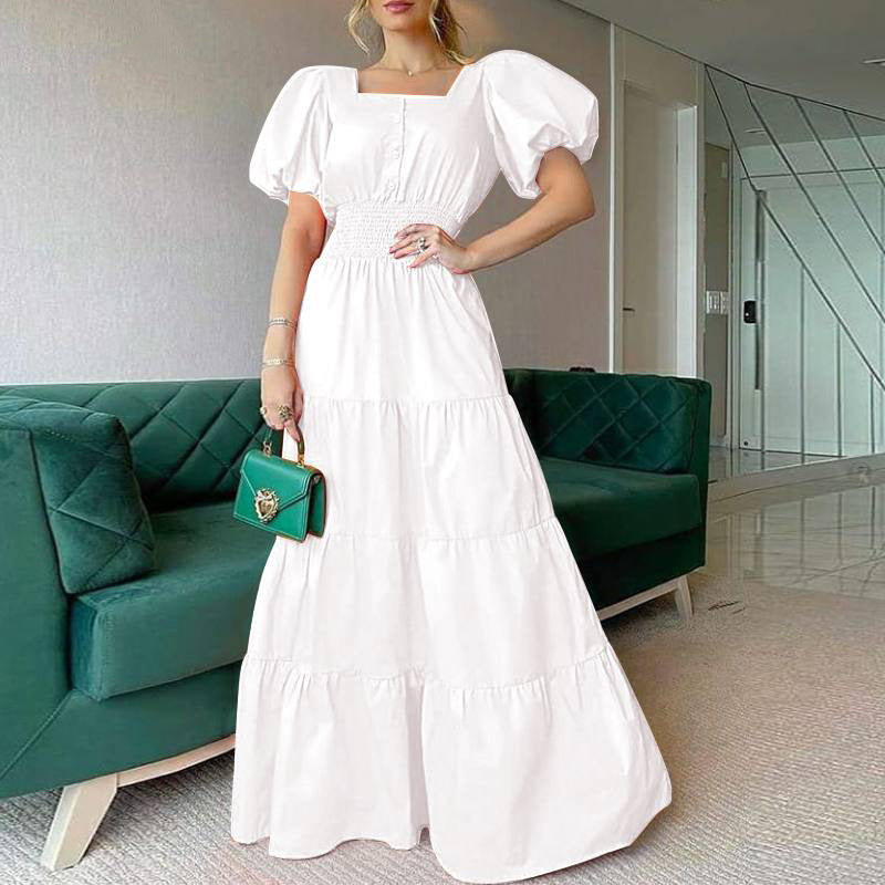 Summer Women Elegant Sweet Square Neck Short Puff Sleeves Casual Beach Dress