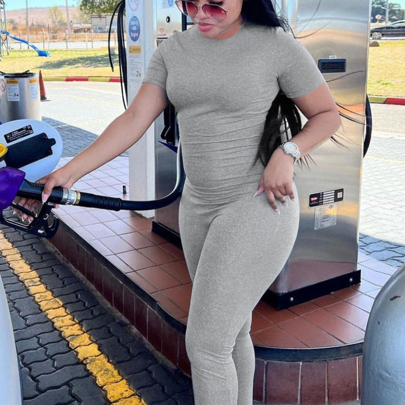 Women Fashion Casual Round Neck Solid Color Short Sleeve Jumpsuits