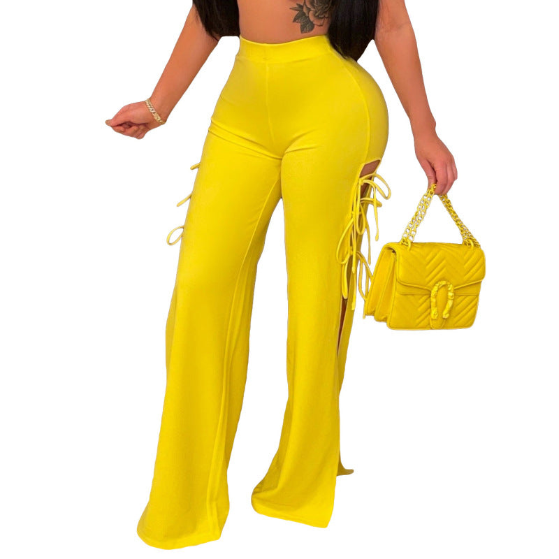 Pantalones casuales de cintura alta con abertura y cordones de color liso para mujer
