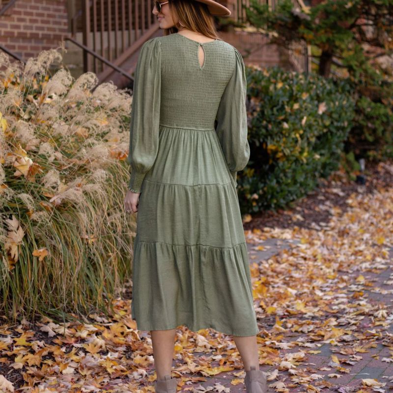 Vestido midi liso con mangas abullonadas y cuello redondo vintage informal para mujer de otoño e invierno