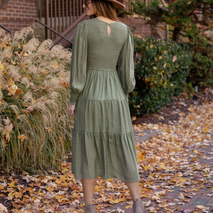 Vestido midi liso con mangas abullonadas y cuello redondo vintage informal para mujer de otoño e invierno