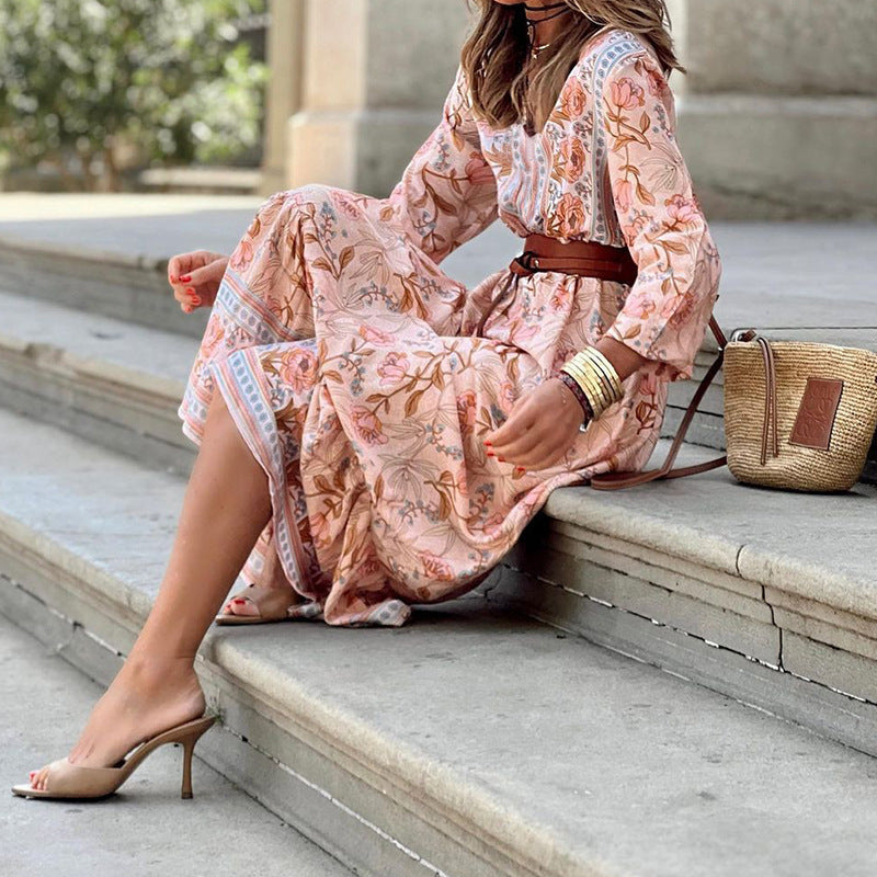 Women Fashion Casual Boho Print Long-Sleeve V-Neck Dress