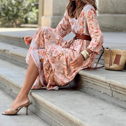 Women Fashion Casual Boho Print Long-Sleeve V-Neck Dress