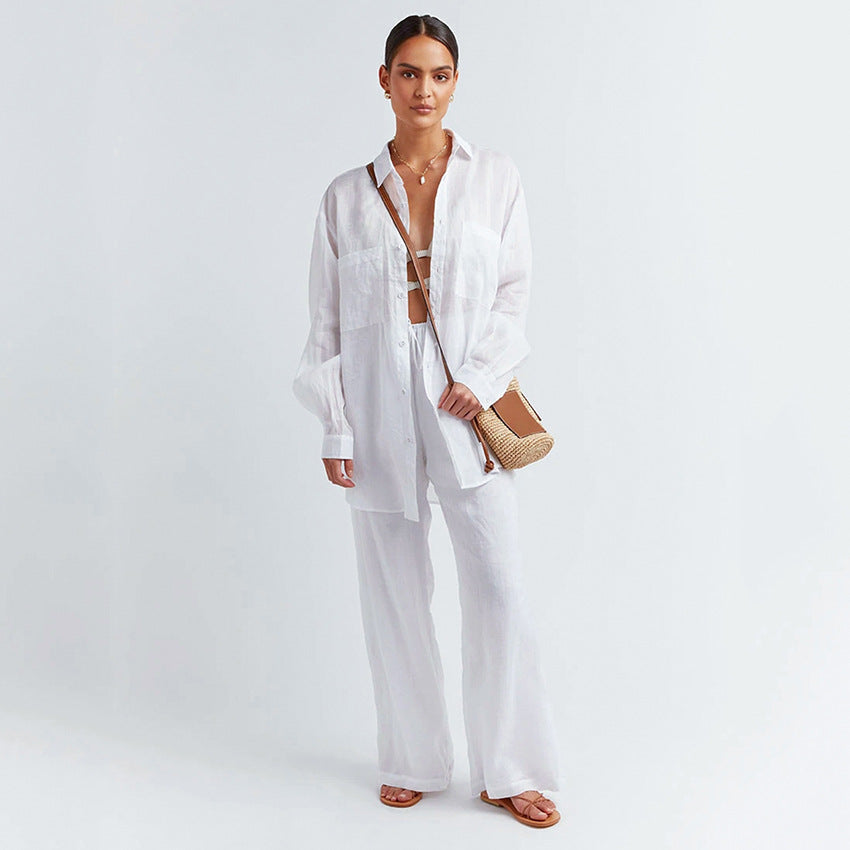 Conjunto de dos piezas de camisa y pantalón de algodón de manga larga para mujer, informal, de otoño e invierno