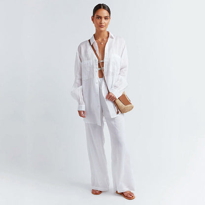 Conjunto de dos piezas de camisa y pantalón de algodón de manga larga para mujer, informal, de otoño e invierno