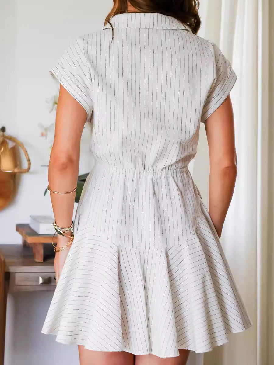 Women Fashion Casual Stripe Lapel Sleeveless Drawstring Dress