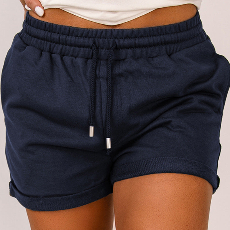 Women Casual Solid Color High Waist Elastic Belt Drawstring Bottom Hem Shorts