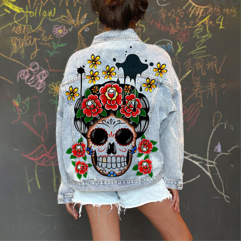 Chaqueta vaquera informal de manga larga con estampado gráfico y botonadura sencilla para mujer