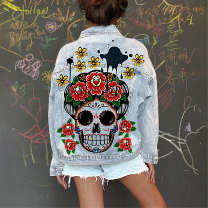 Chaqueta vaquera informal de manga larga con estampado gráfico y botonadura sencilla para mujer