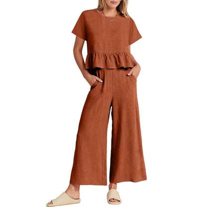 Conjunto de pantalón casual de manga corta con volantes de color liso para mujer