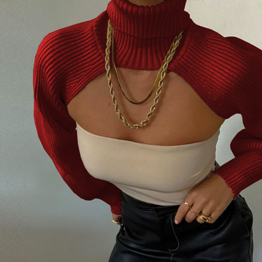 Women Casual Edgy Long Puff Sleeves Turtle Neck Solid Color Sweater