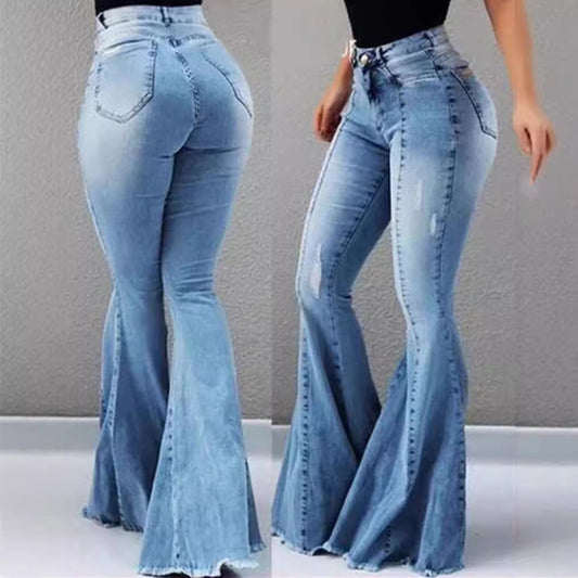 Women Fashion Casual Stretch High Waist Ripped Flared Jeans