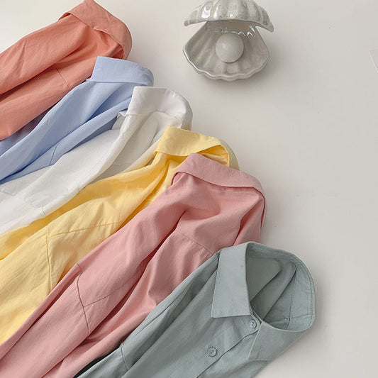 Solid Color Casual Basic Women Loose Long Sleeve Shirt Blouse