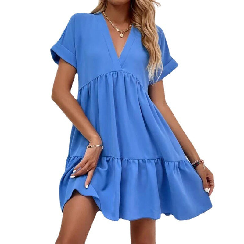 Vestido informal de verano para mujer, con escote en V y manga corta, estilo swing grande