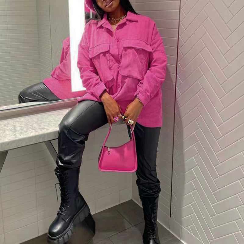 Autumn Women Fashion Solid Color Loose Casual Pocket Corduroy Jacket