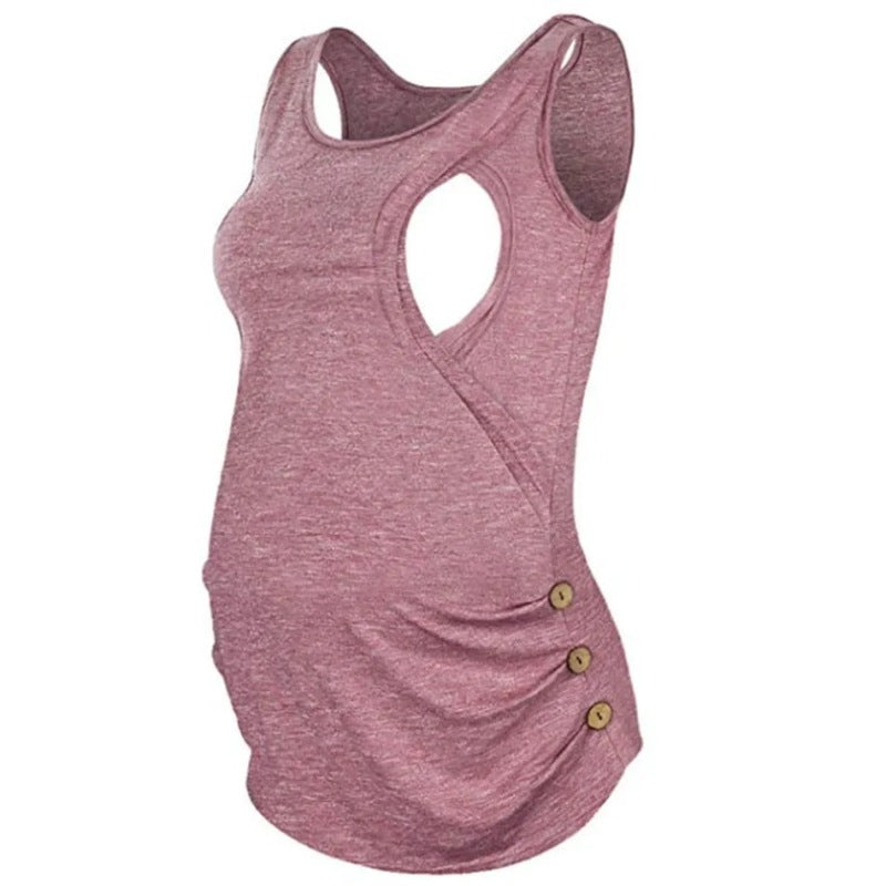 Blusa informal de color liso con cuello redondo y botones para lactancia materna para embarazadas
