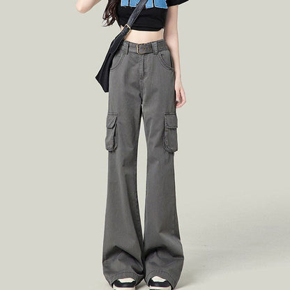 Retro Casual Women High Waist Spice Solid Color Pocket Cargo Pants