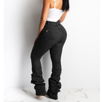 Vaqueros acampanados elásticos y arrugados de moda informal para mujer