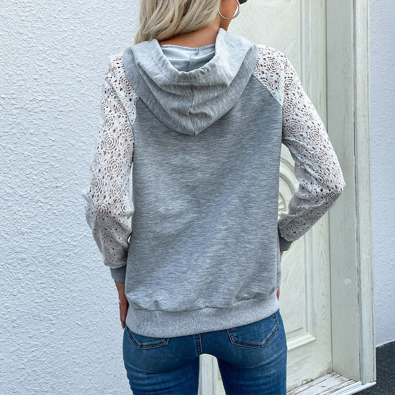 Sudadera con capucha informal de manga larga con bolsillo y encaje de patchwork para mujer
