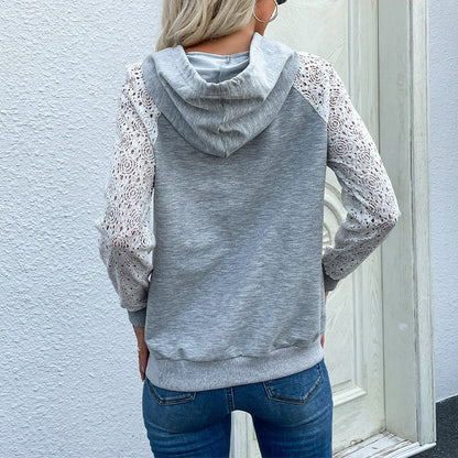 Sudadera con capucha informal de manga larga con bolsillo y encaje de patchwork para mujer
