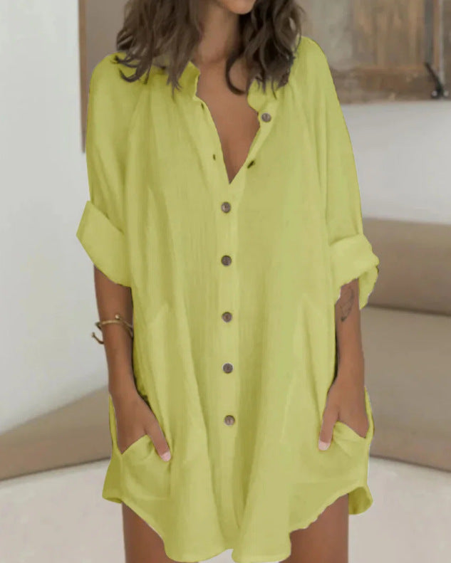 Women Casual Solid Color Single-breasted Long Sleeve Loose Shirt Dress