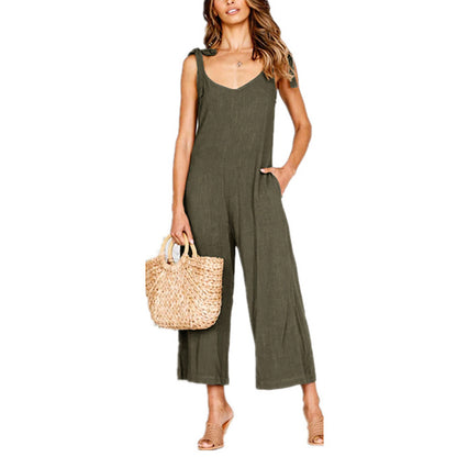 Women Fashion Casual Solid Color V-Neck Sleeveless Backless Lace-Up Jumpsuit
