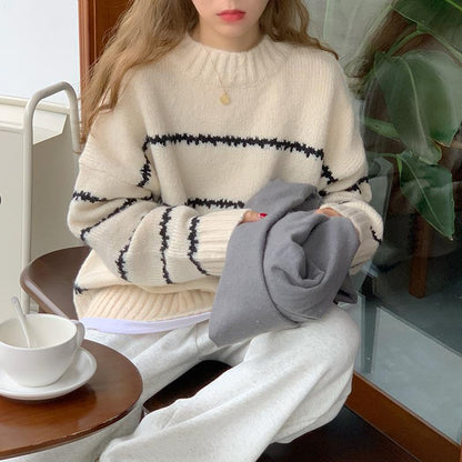 Women Autumn Winter Casual Classic Stripes Round Neck Loose Knitted Sweater