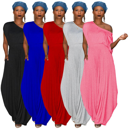 Conjunto de dos piezas de pantalones harén informales de algodón de color liso con hombros inclinados para mujer