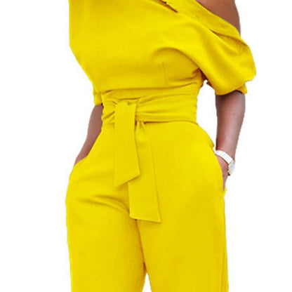 Women Casual Elegant Off-Shoulder Button Down Solid Color Short Sleeve Rompers