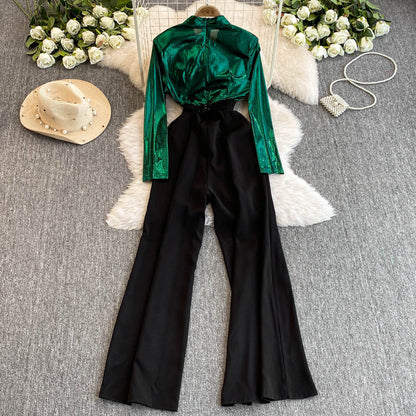 Women Fashion Casual Contrast Color V-Neck Long-Sleeve Tight Waist Wide Leg Jumpsuits